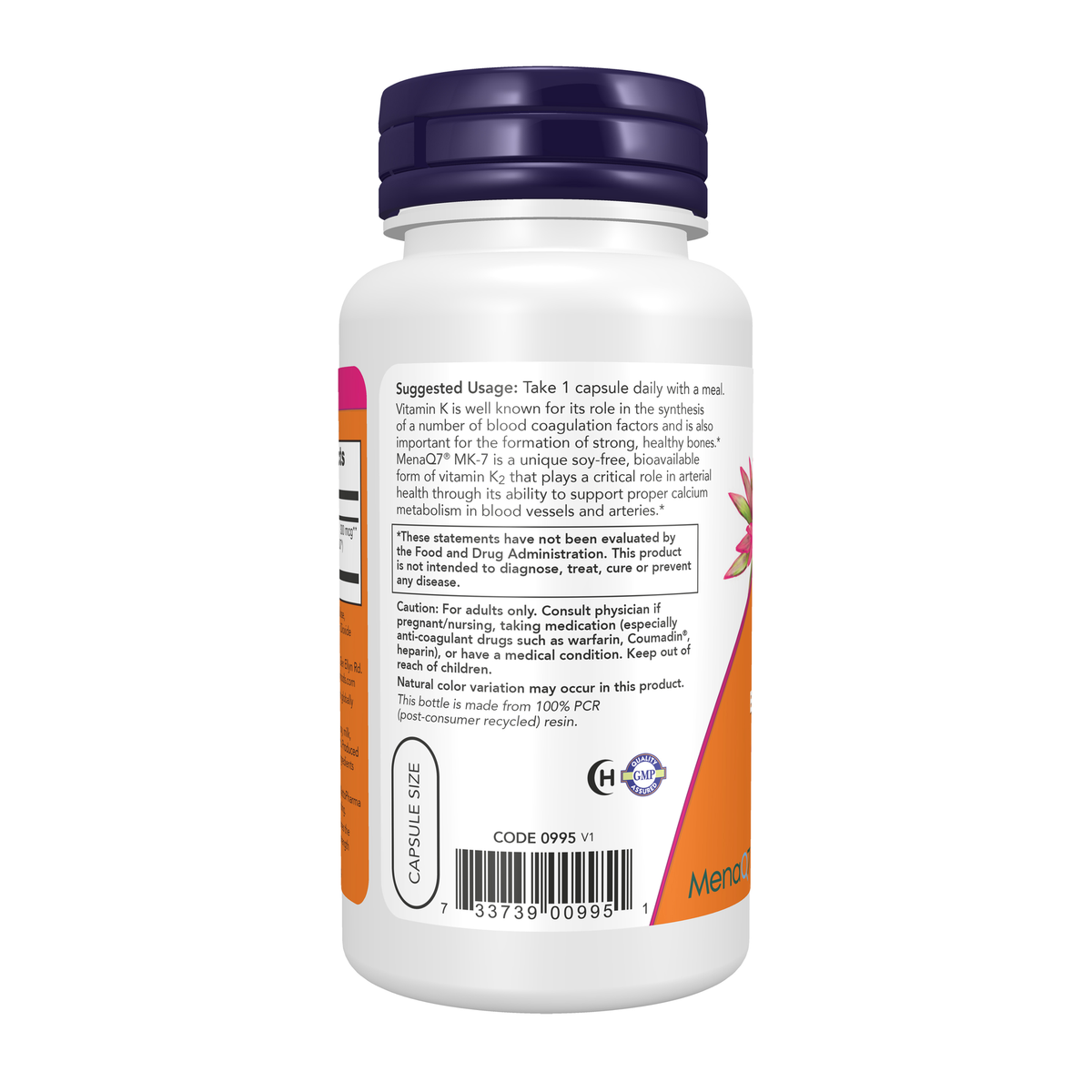 NOW Foods MK-7 Vitamin K-2, Extra Strength 300 mcg - 120 Veg Capsules – Left label / Etykieta producenta
