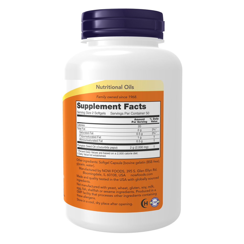 NOW Foods Pumpkin Seed Oil 1000 mg - 100 Softgels – Right label / Etykieta producenta