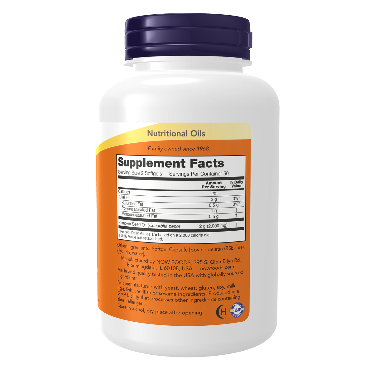 NOW Foods Pumpkin Seed Oil 1000 mg - 100 Softgels – Right label / Etykieta producenta