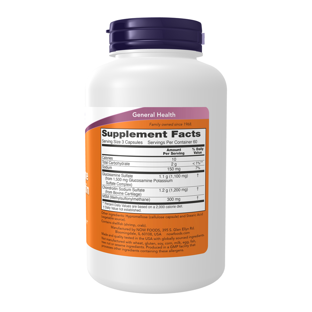NOW Foods Glucosamine & Chondroitin with MSM - 180 Veg Capsules – Right label / Etykieta producenta