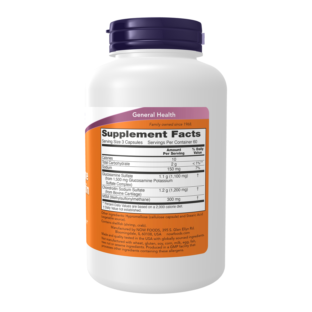NOW Foods Glucosamine & Chondroitin with MSM - 180 Veg Capsules – Right label / Etykieta producenta