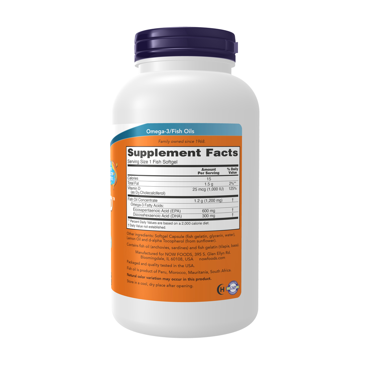 NOW Foods Ultra Omega 3-D™ Fish Oil (Fish Gelatin) - 180 Fish Softgels – Right label / Etykieta producenta