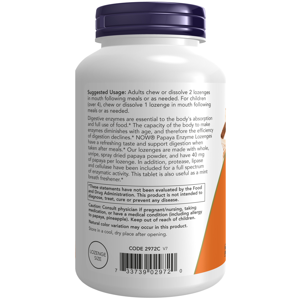 NOW Foods Papaya Enzyme - 360 Lozenges – Label details / Etykieta producenta