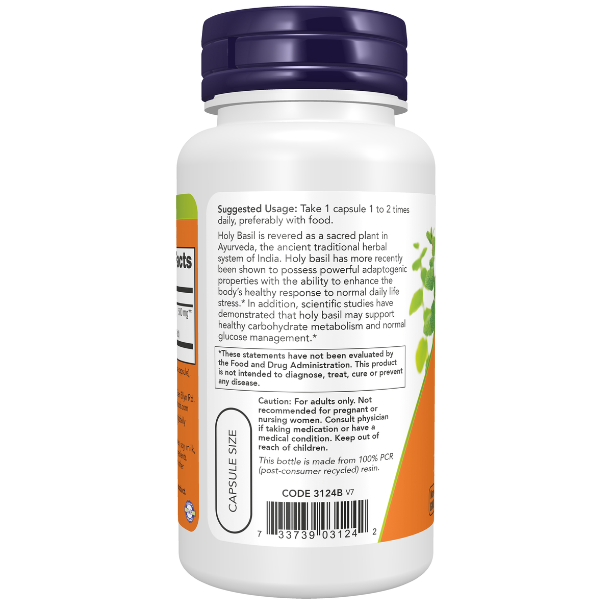 NOW Foods Holy Basil Extract 500 mg - 90 Veg Capsules – Left label / Etykieta producenta