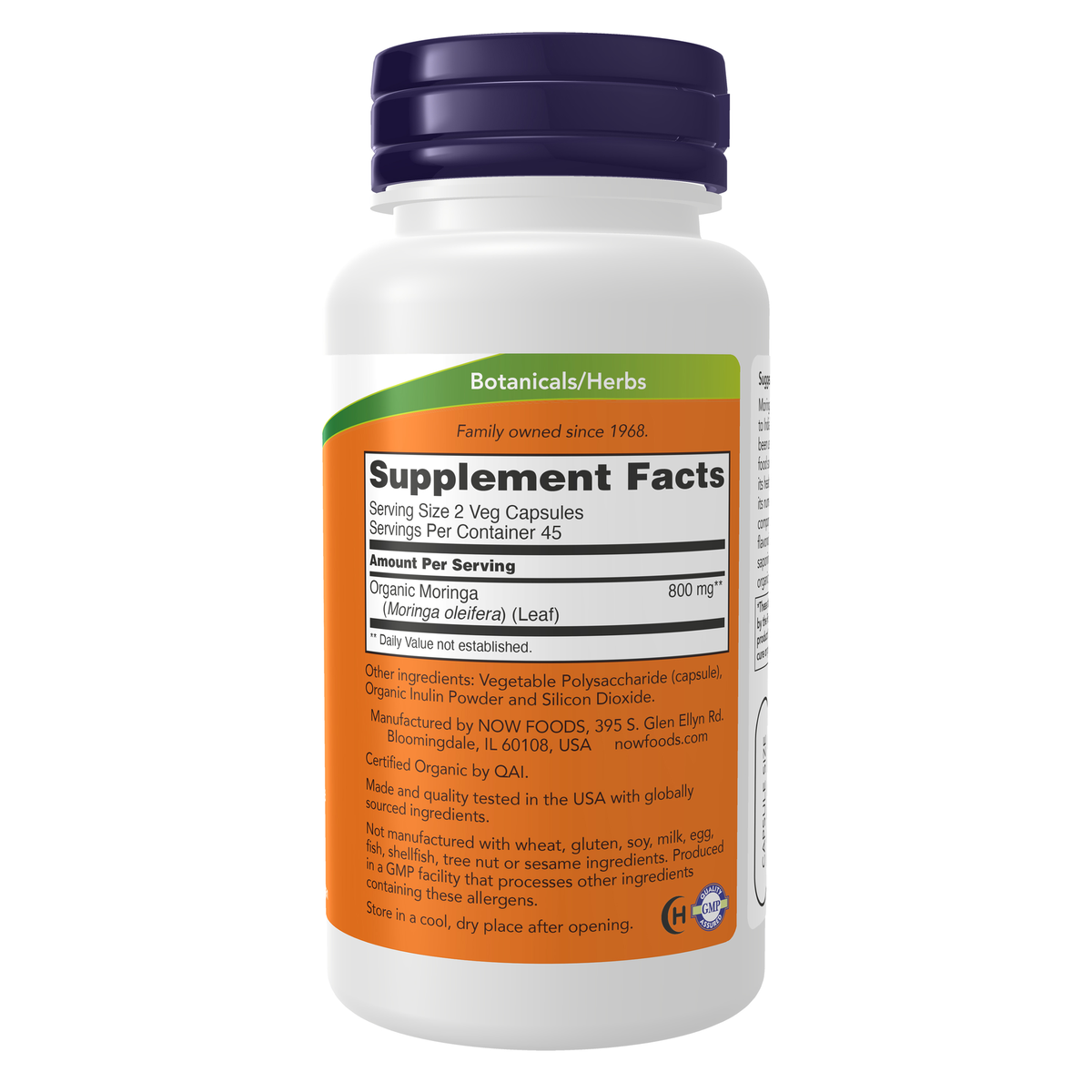 NOW Foods Moringa Leaf - 90 Veg Capsules – Right label / Etykieta producenta