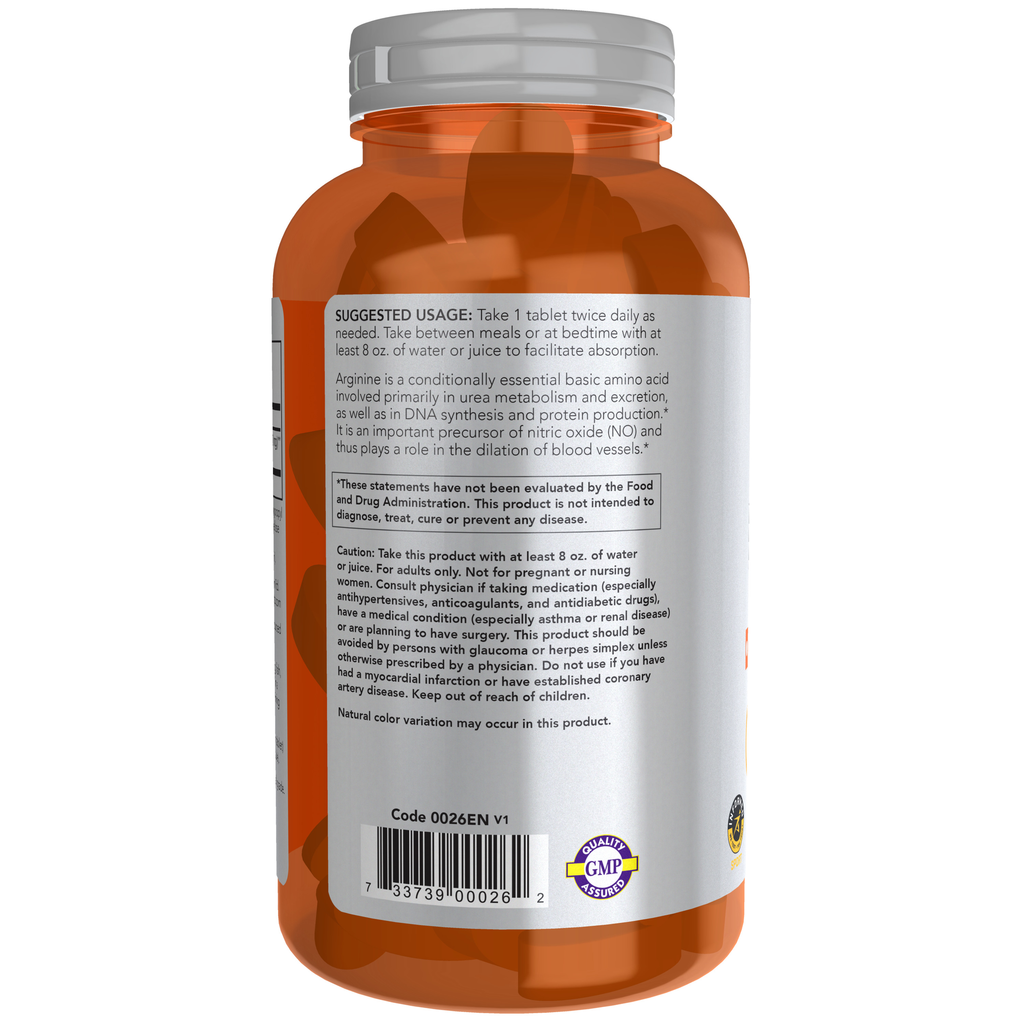 NOW Foods L-Arginine 1000 mg, Double Strength - 180 Tablets – Label details / Etykieta producenta