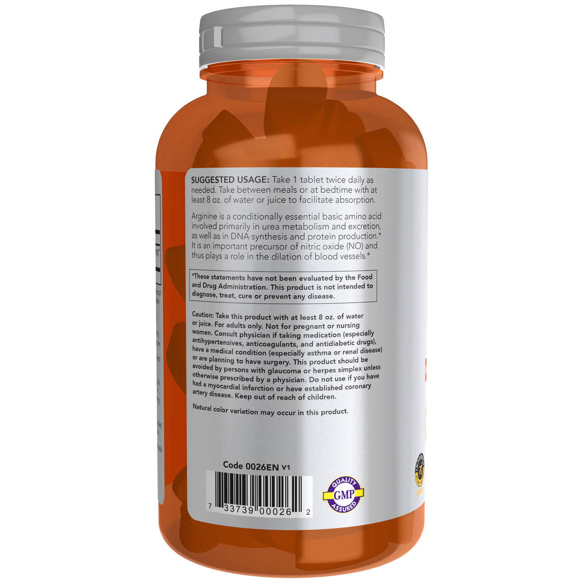 NOW Foods L-Arginine 1000 mg, Double Strength - 180 Tablets – Label details / Etykieta producenta