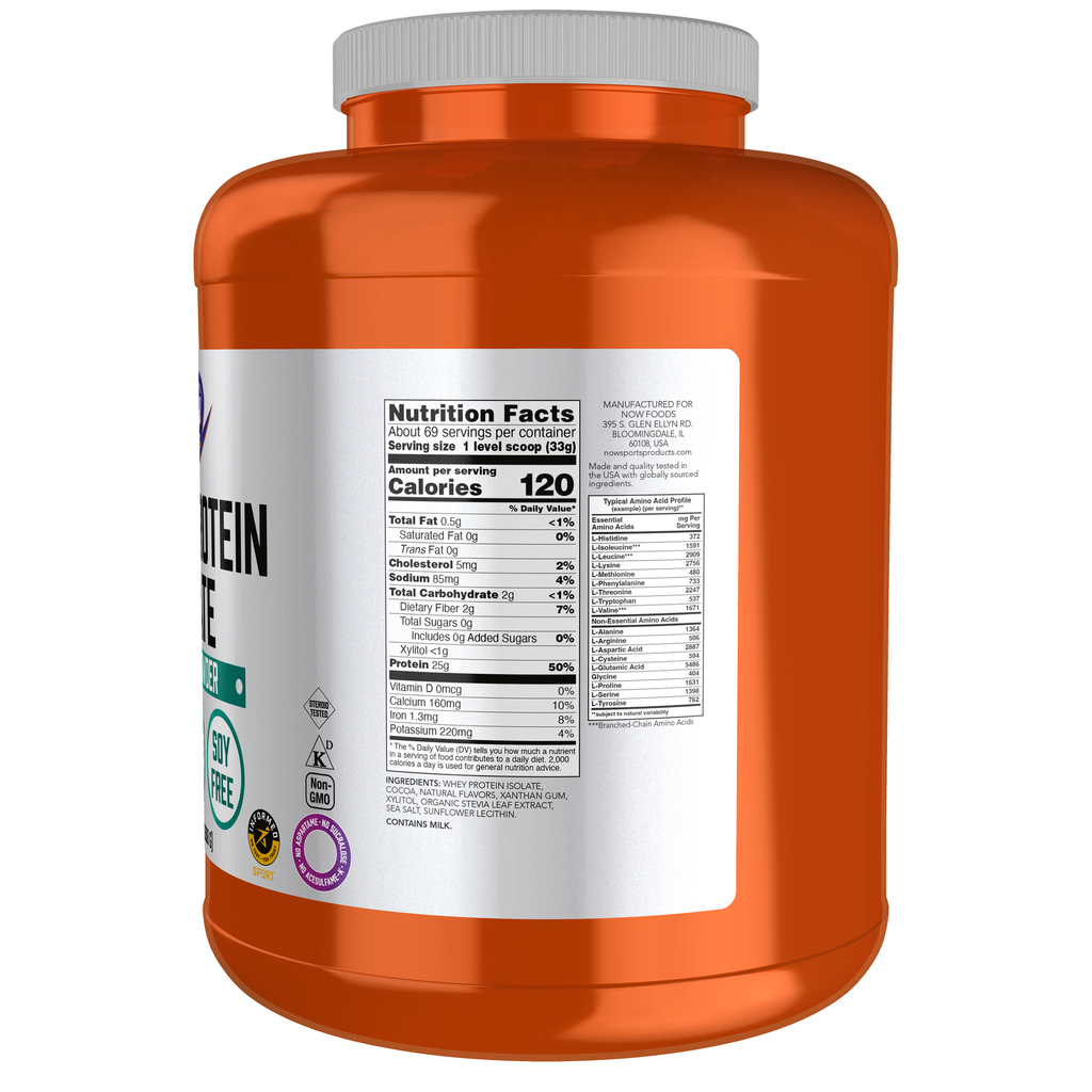 NOW Foods Whey Protein Isolate, Creamy Chocolate Powder - 5 lbs. – Right label / Etykieta producenta