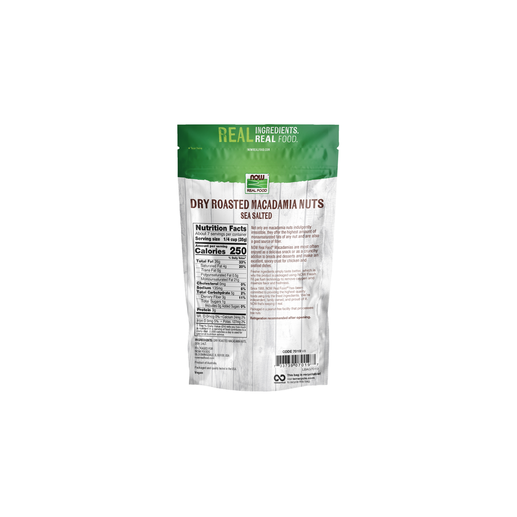 NOW Foods Macadamia Nuts, Dry Roasted & Salted - 9 oz – Back label / Etykieta producenta