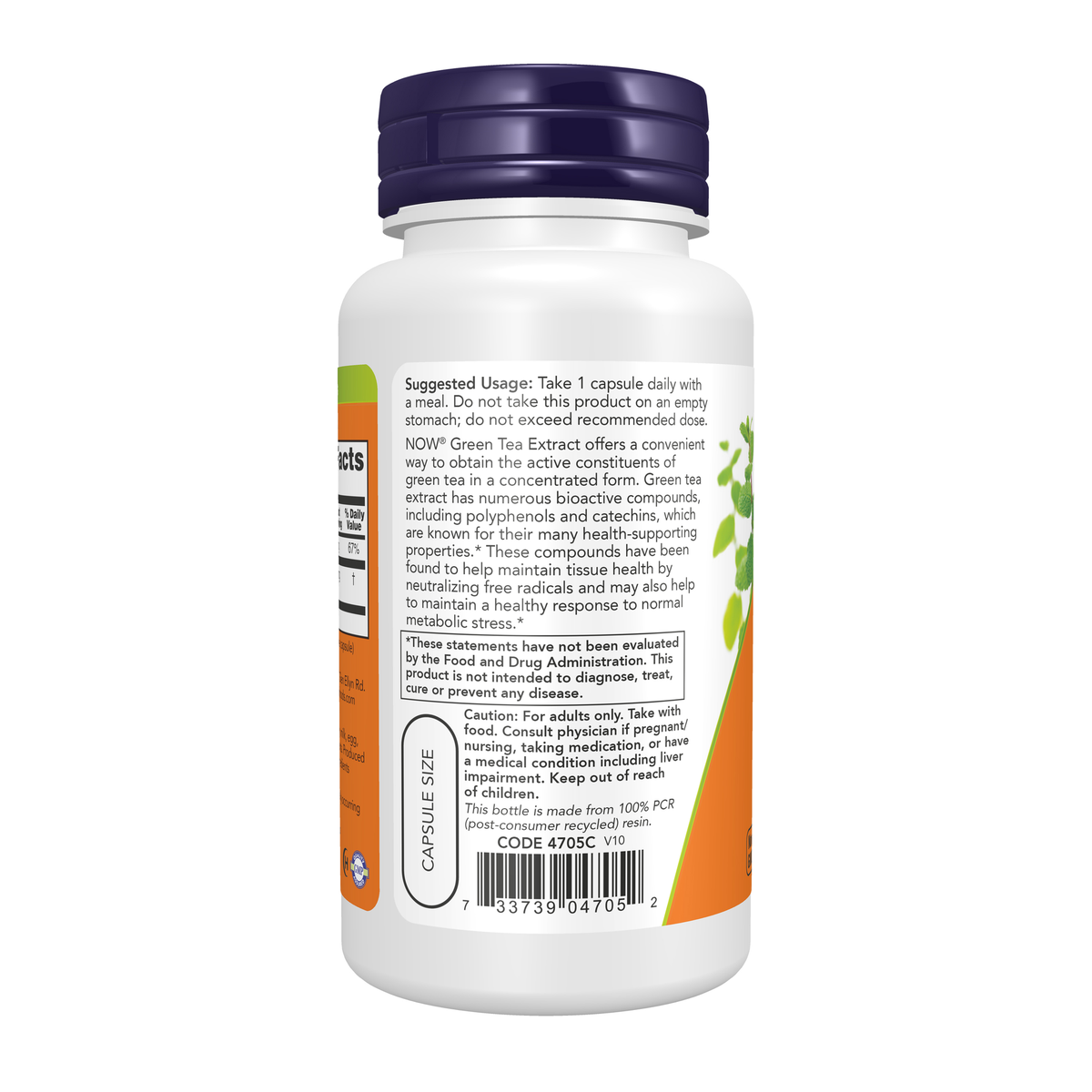 NOW Foods Green Tea Extract 400 mg - 100 Veg Capsules – Left label / Etykieta producenta