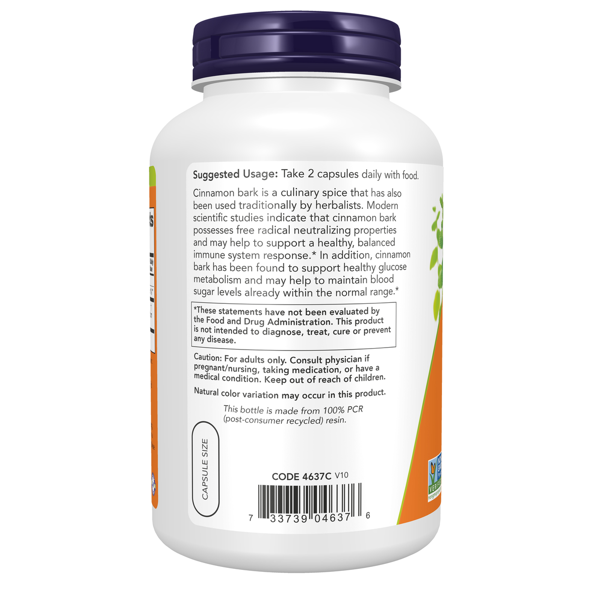 NOW Foods Cinnamon Bark 600 mg - 240 Veg Capsules – Left label / Etykieta producenta