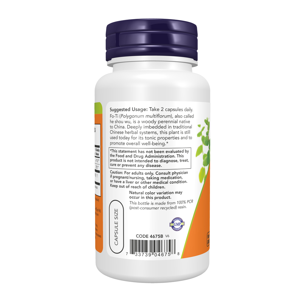 NOW Foods Fo-Ti 560 mg - 100 Veg Capsules – Left label / Etykieta producenta