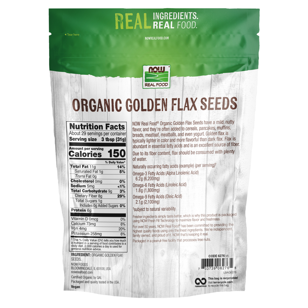 NOW Foods Golden Flax Seeds, Organic - 32 oz. – back label / Etykieta producenta
