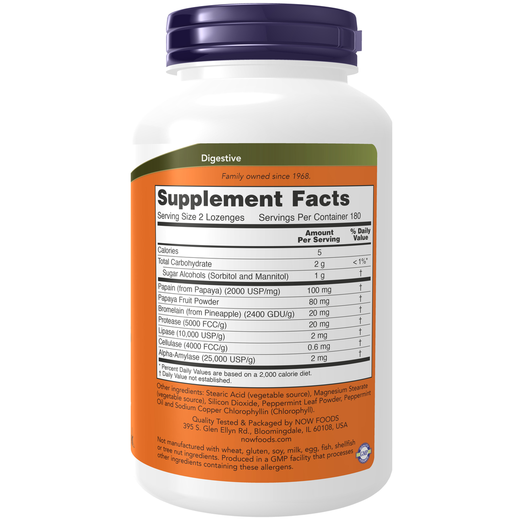 NOW Foods Papaya Enzyme - 360 Lozenges – Label details / Etykieta producenta