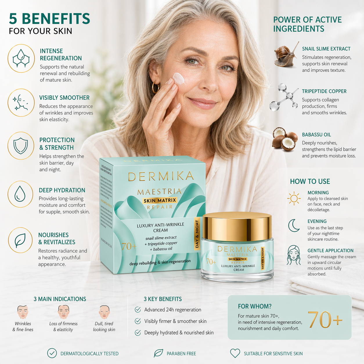 Dermika Maestria Skin Matrix Repair 70 plus anti wrinkle cream jar uses
