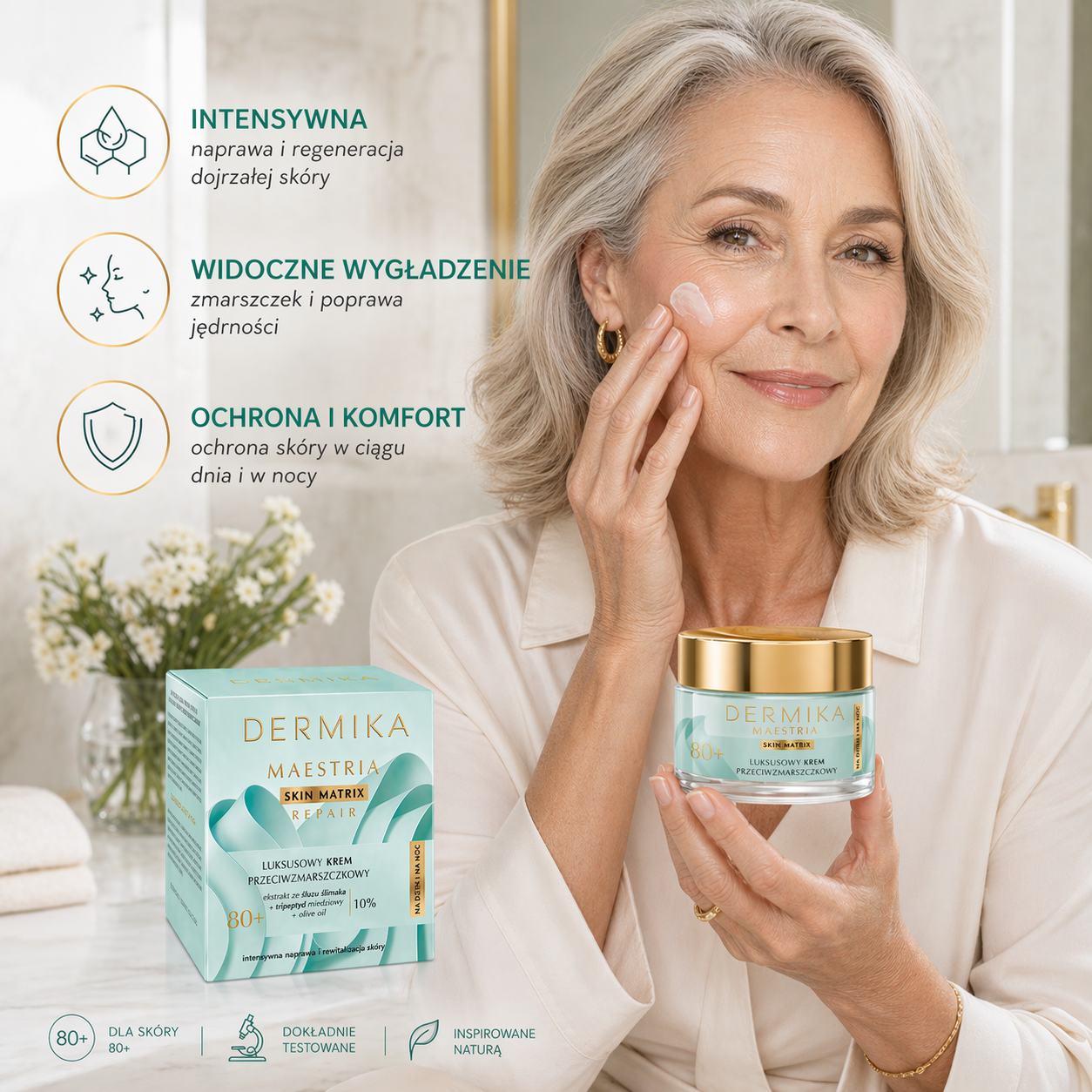 Dermika Maestria Skin Matrix Repair 80+ Anti-Wrinkle Face Cream Day Night Snail Mucin Peptides lifestyle