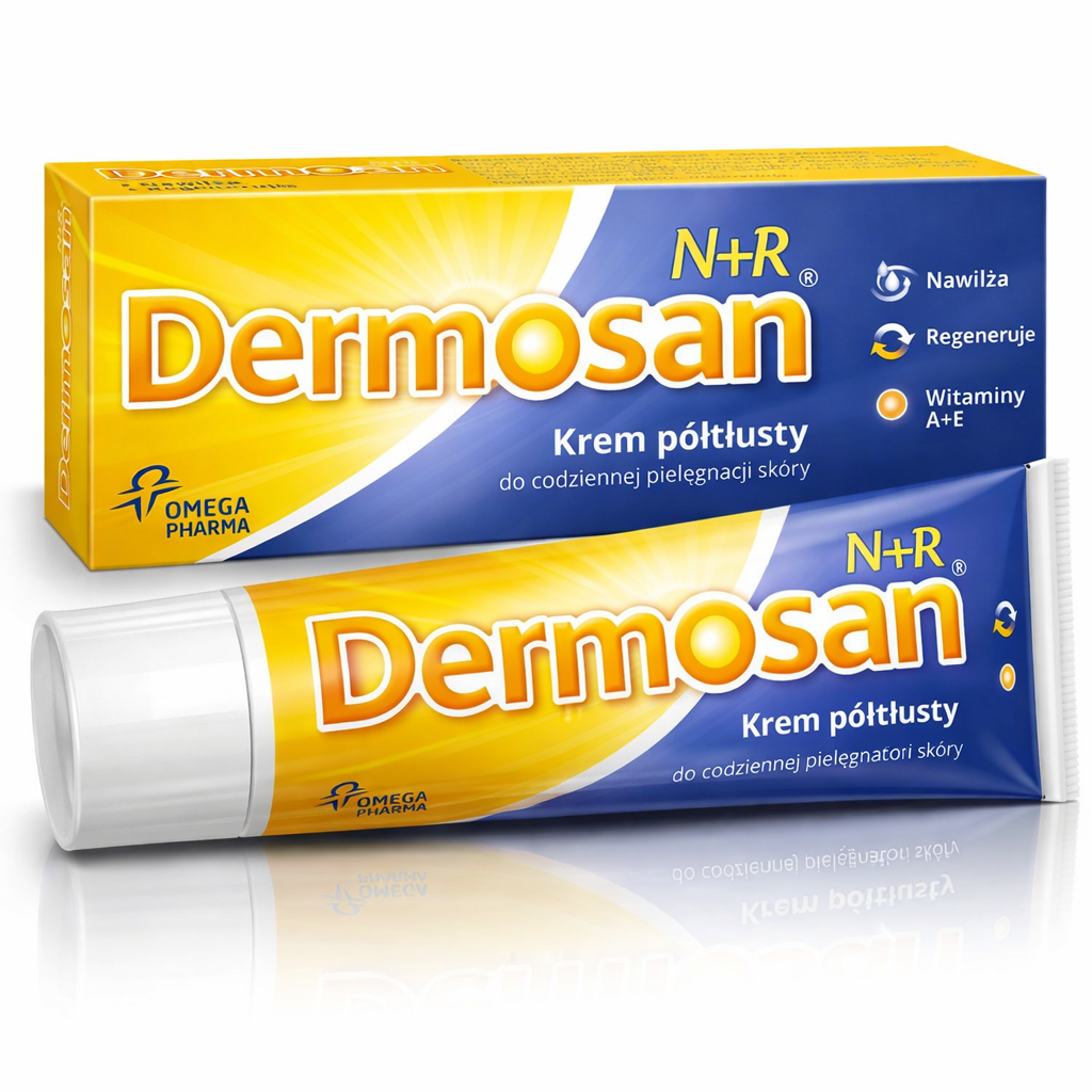Dermosan Semi-Greasy Moisturizing Skin Cream with Vitamins A + E 40g box and tube