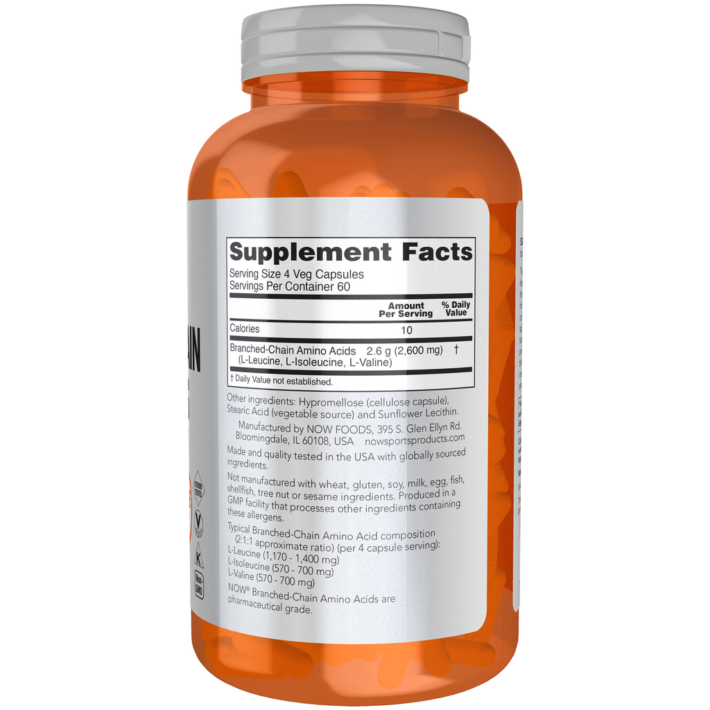 NOW Foods Branched Chain Amino Acids - 240 Veg Capsules – Right label / Etykieta producenta