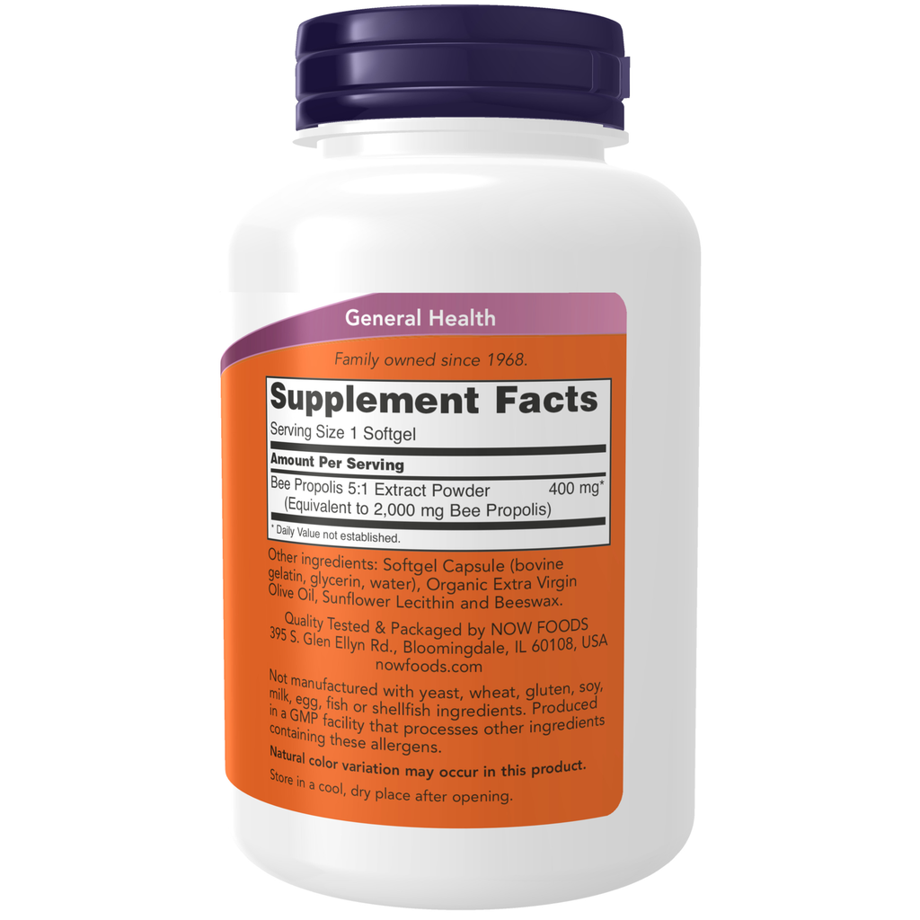 NOW Foods Propolis 2000 5:1 Extract - 90 Softgels – Label details / Etykieta producenta