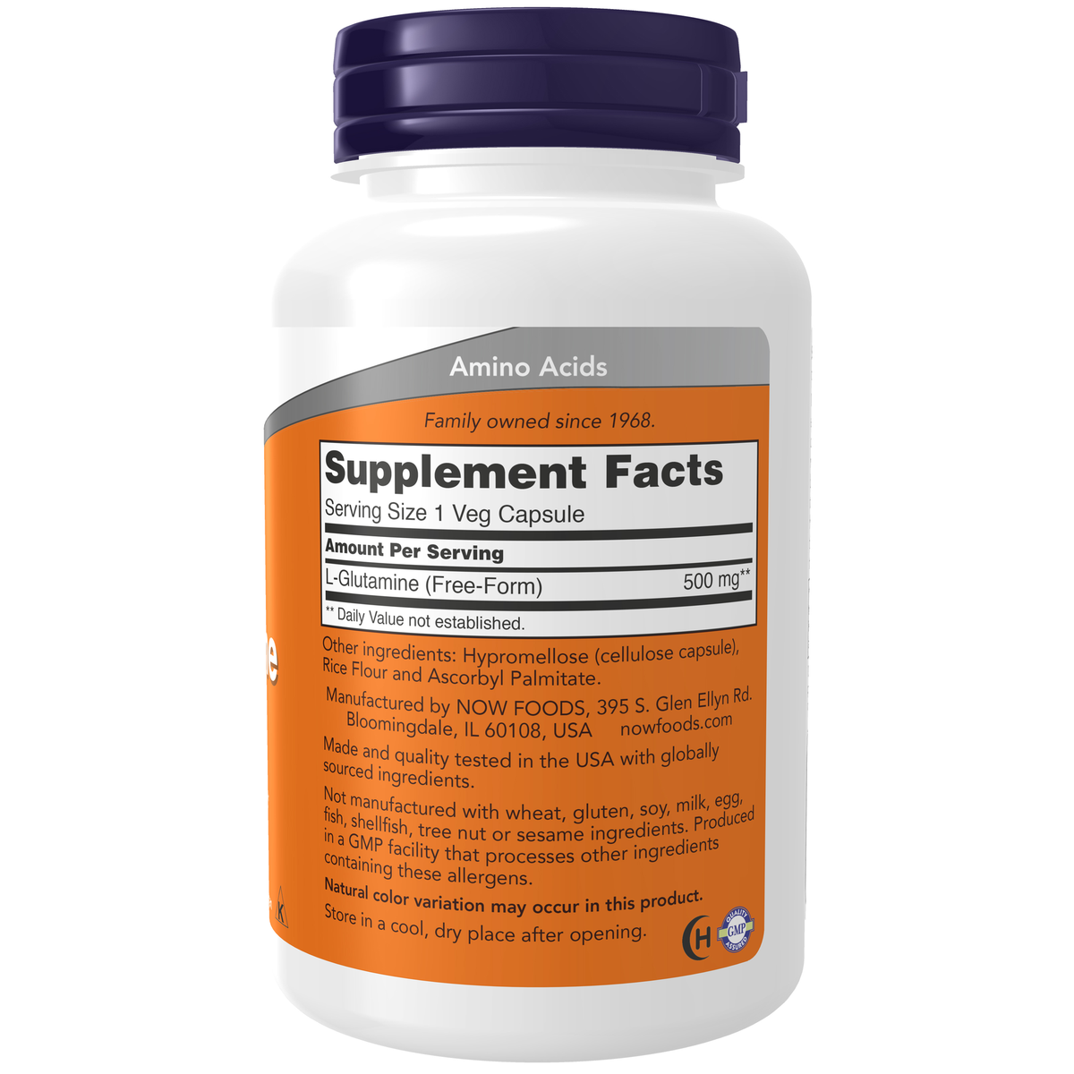 NOW Foods L-Glutamine 500 mg - 120 Veg Capsules – Right label / Etykieta producenta