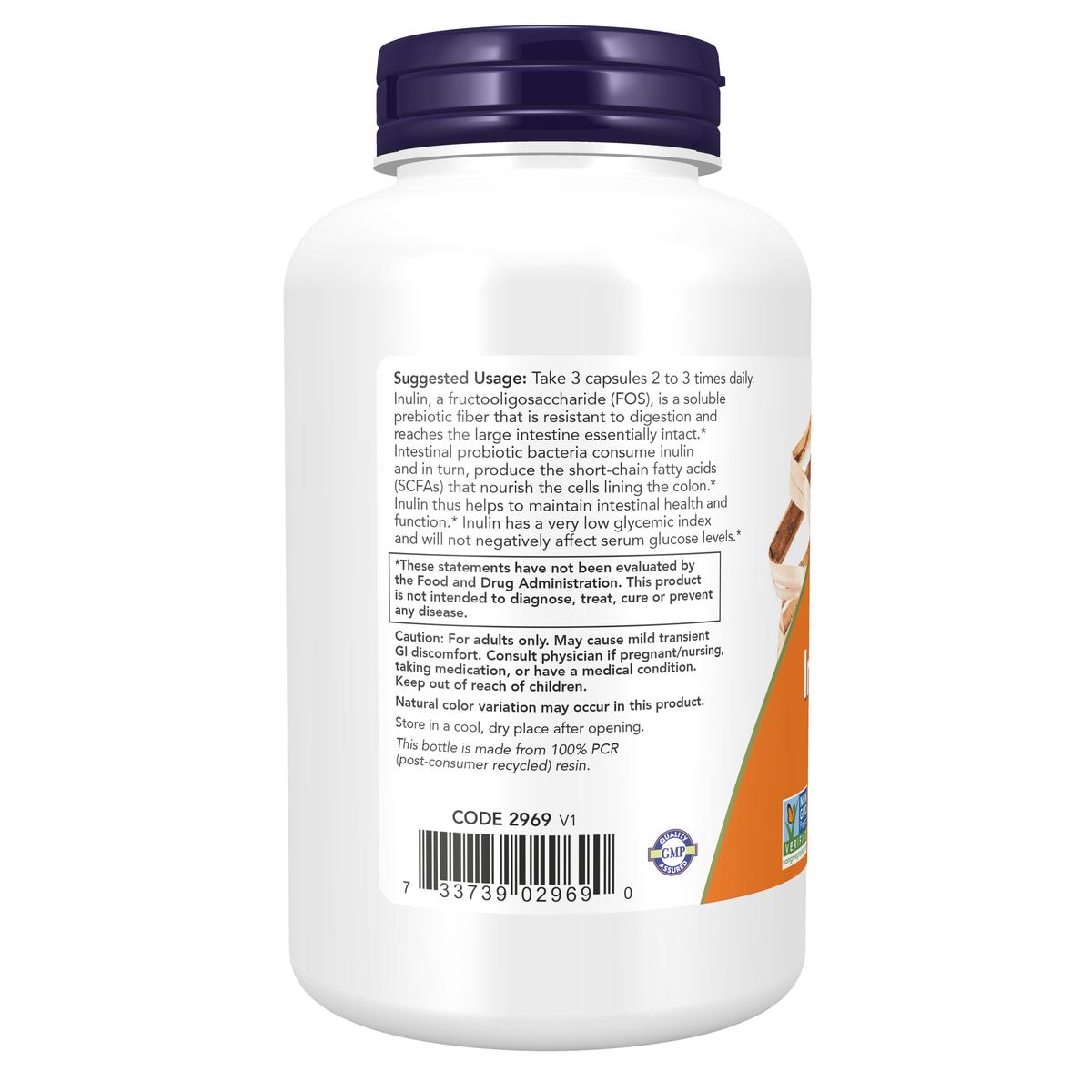 NOW Foods Prebiotic Inulin Fiber - 180 Veg Capsules – Left label / Etykieta producenta