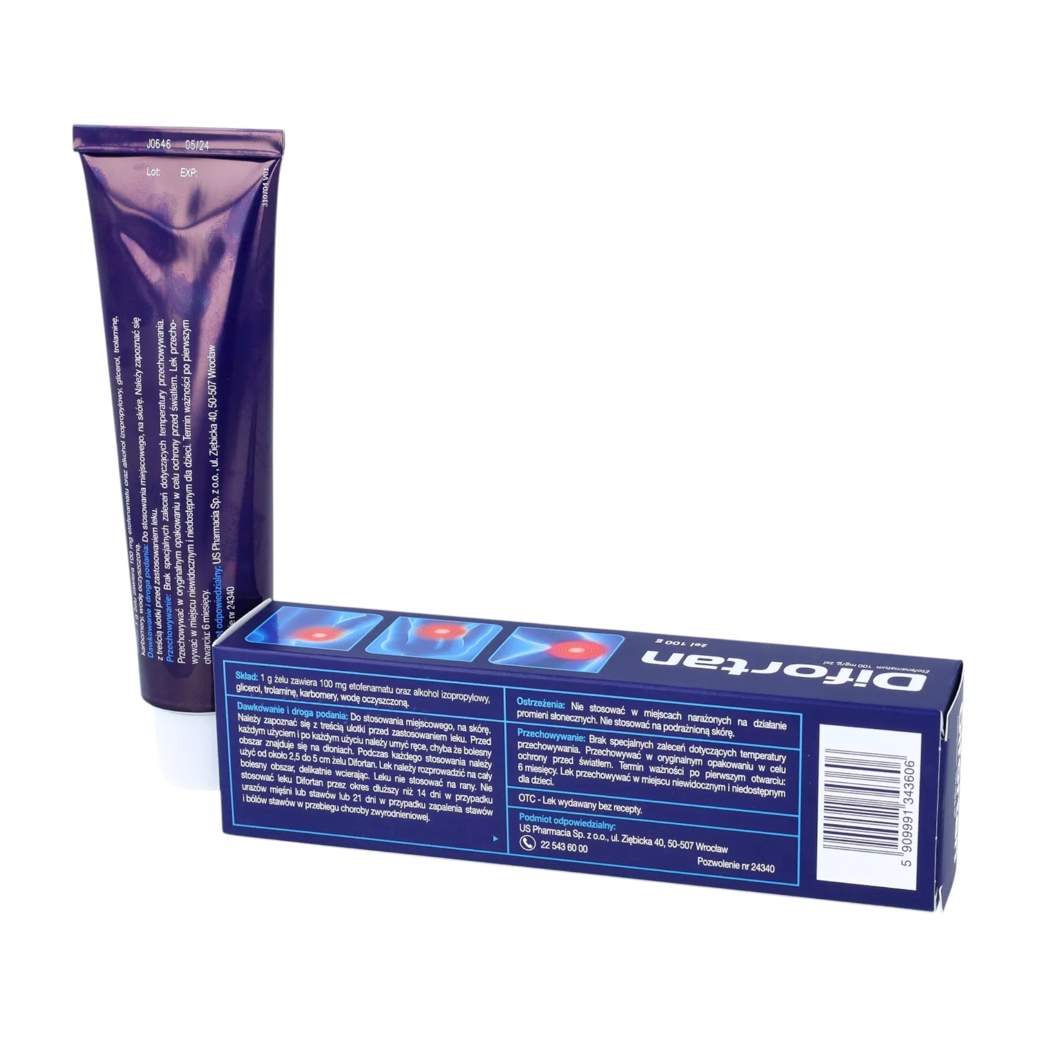 Difortan Gel 100g Tube and Box – Etofenamate Anti-Inflammatory Pain Relief by USP Zdrowie