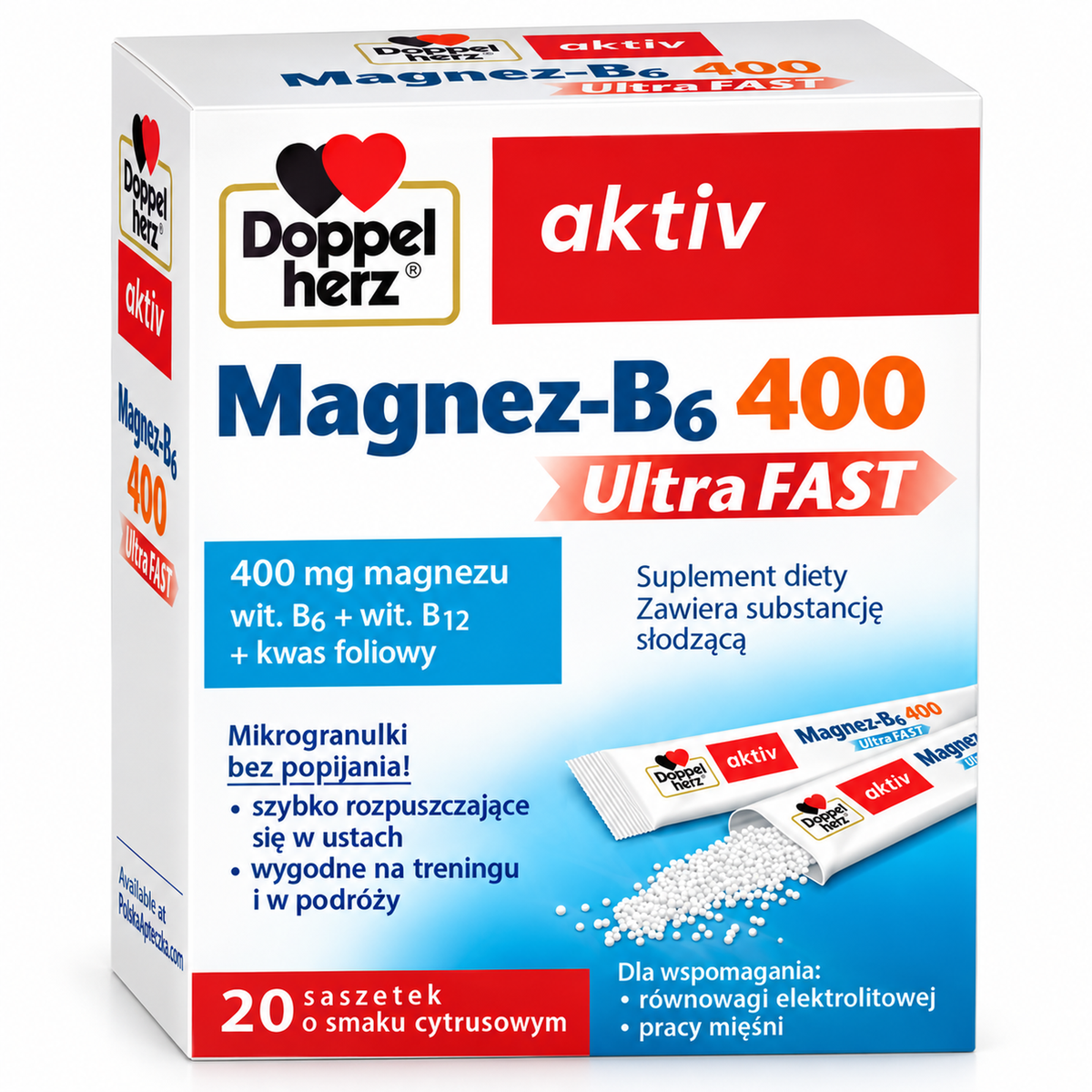 Doppelherz aktiv Magnesium-B6 400 UltraFAST Citrus – 20 Sachets / Magnez-B6 cytrusowy – 20 saszetek