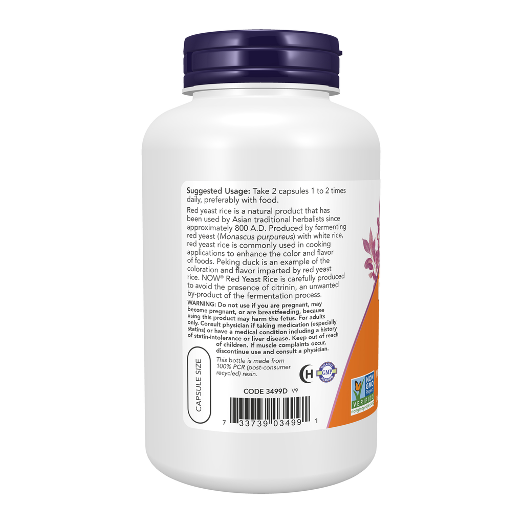 NOW Foods Red Yeast Rice 600 mg - 240 Veg Capsules – Left label / Etykieta producenta