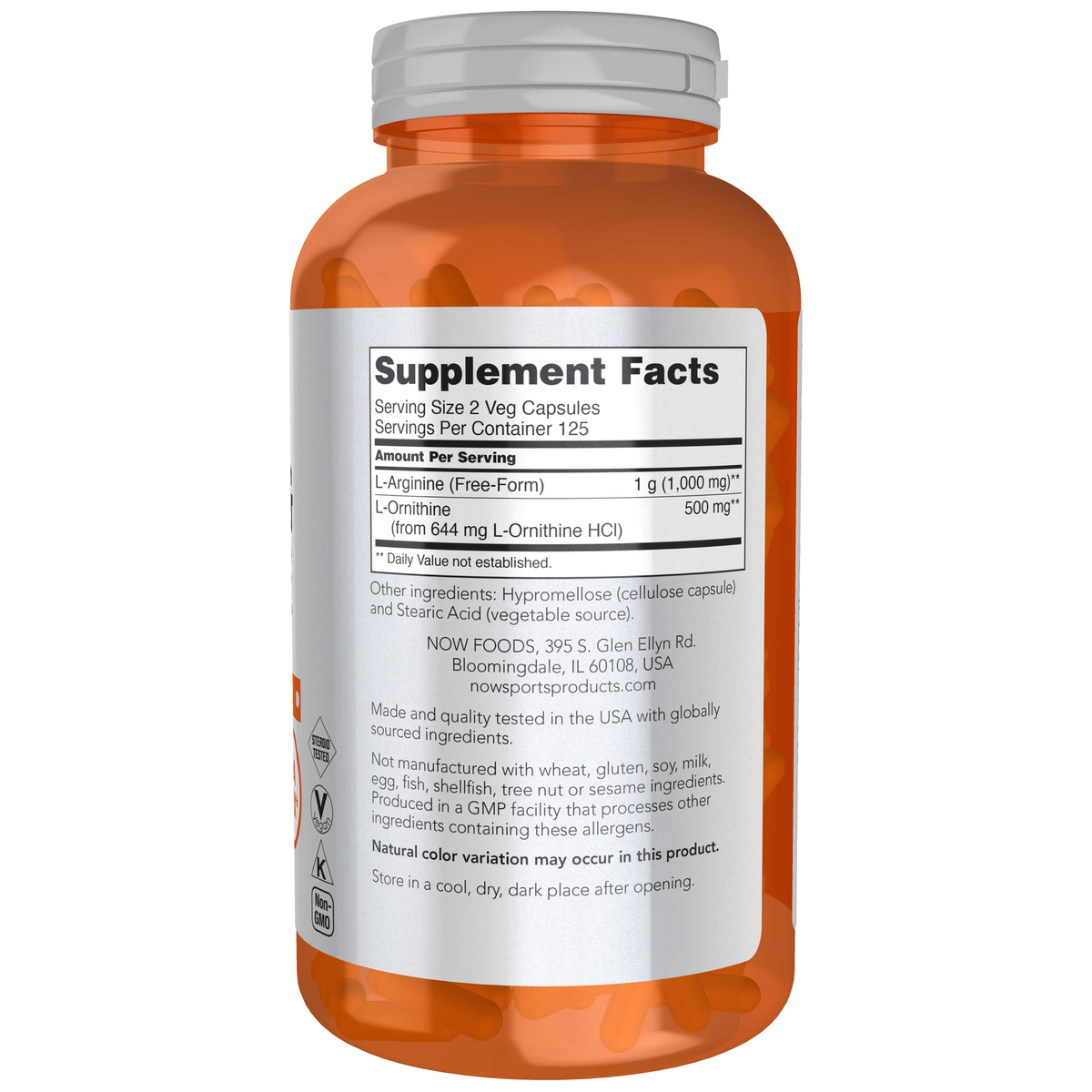 NOW Foods Arginine & Ornithine 500 mg / 250 mg - 250 Veg Capsules – Label details / Etykieta producenta