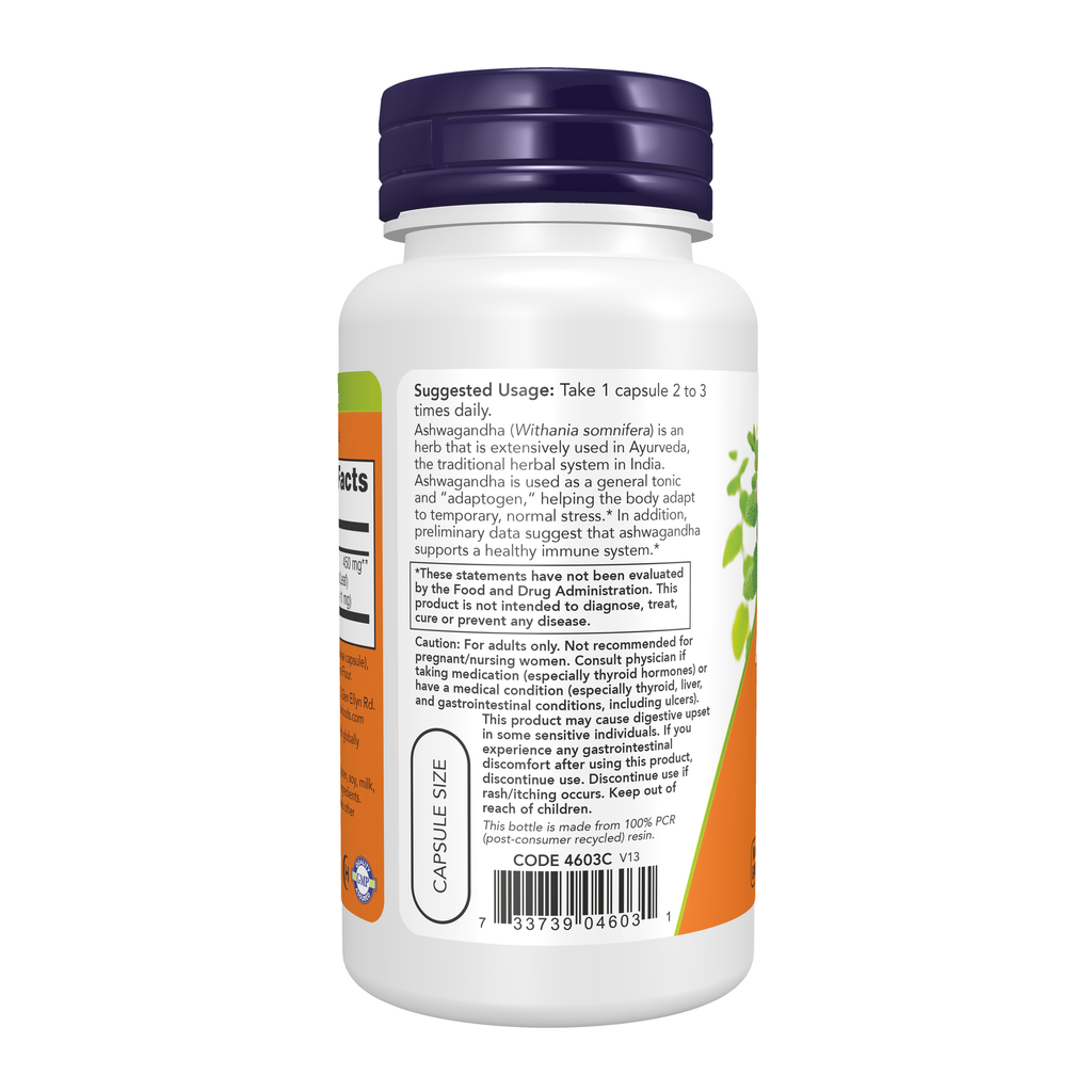 NOW Foods Ashwagandha 450 mg - 90 Veg Capsules – Left label / Etykieta producenta