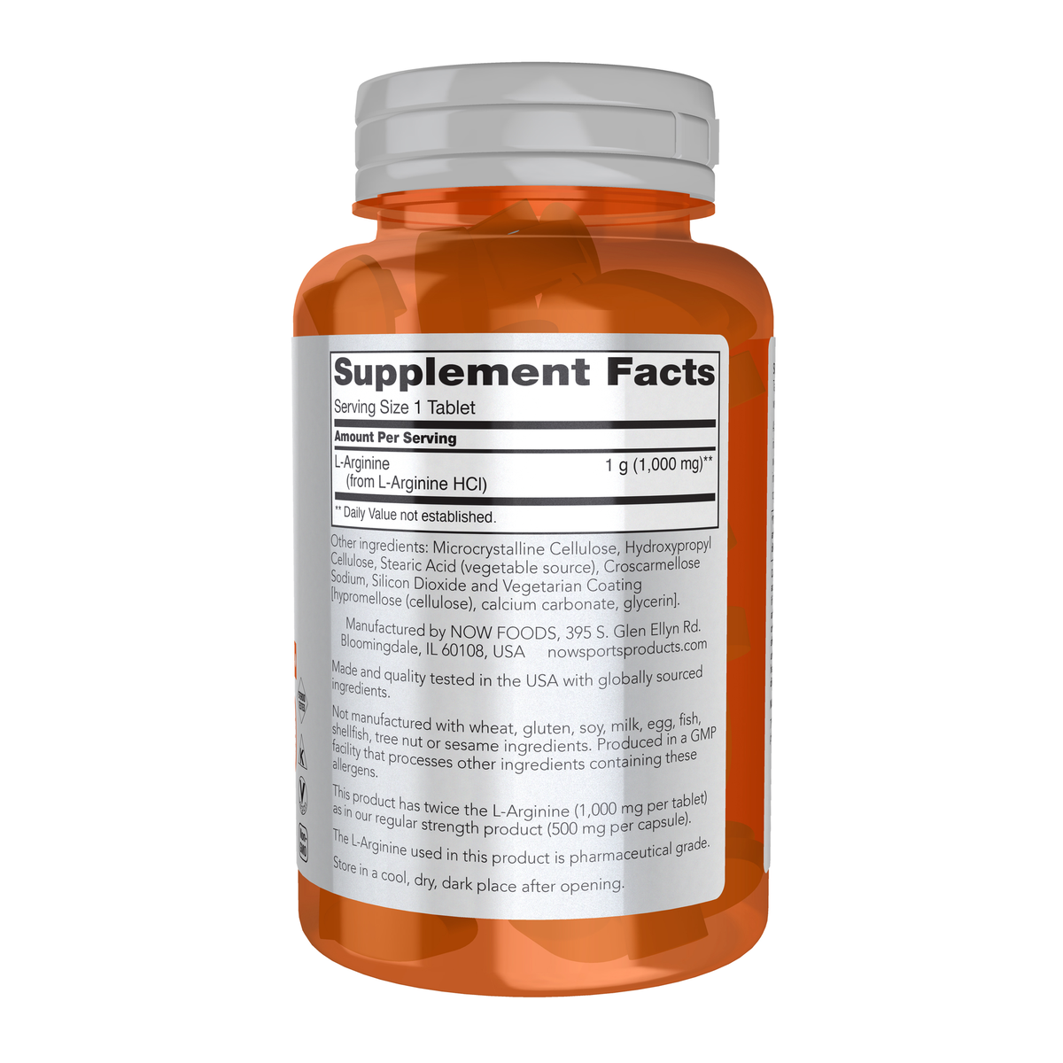 NOW Foods L-Arginine 1000 mg, Double Strength - 60 Tablets – Right label / Etykieta producenta
