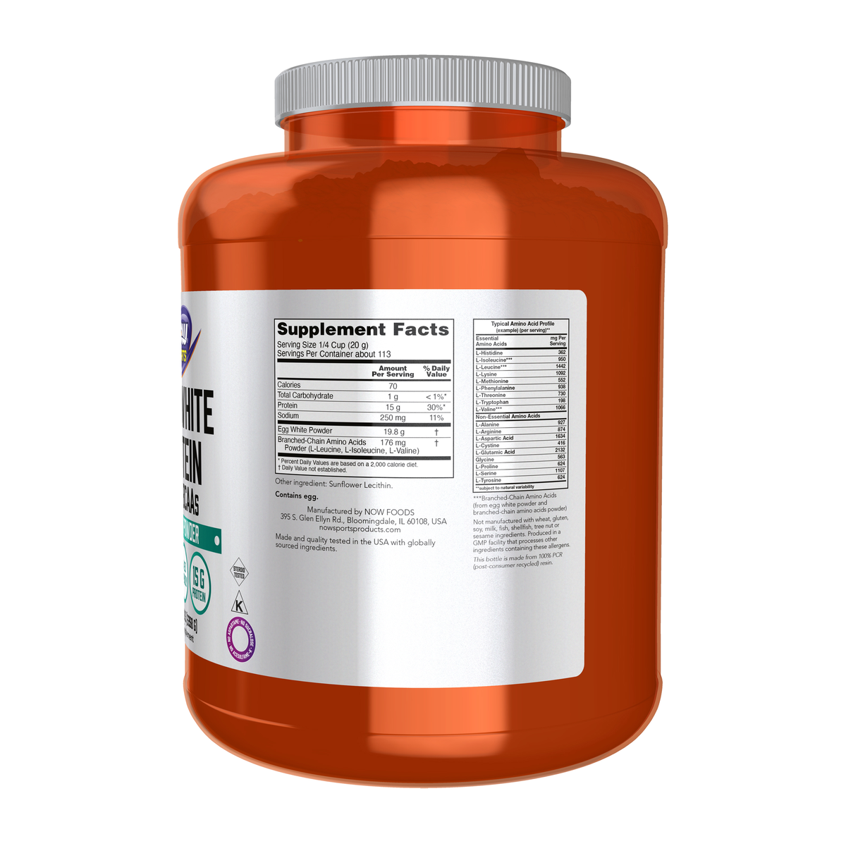 NOW Foods Egg White Protein, Unflavored Powder - 5 lbs. – right label / Etykieta producenta