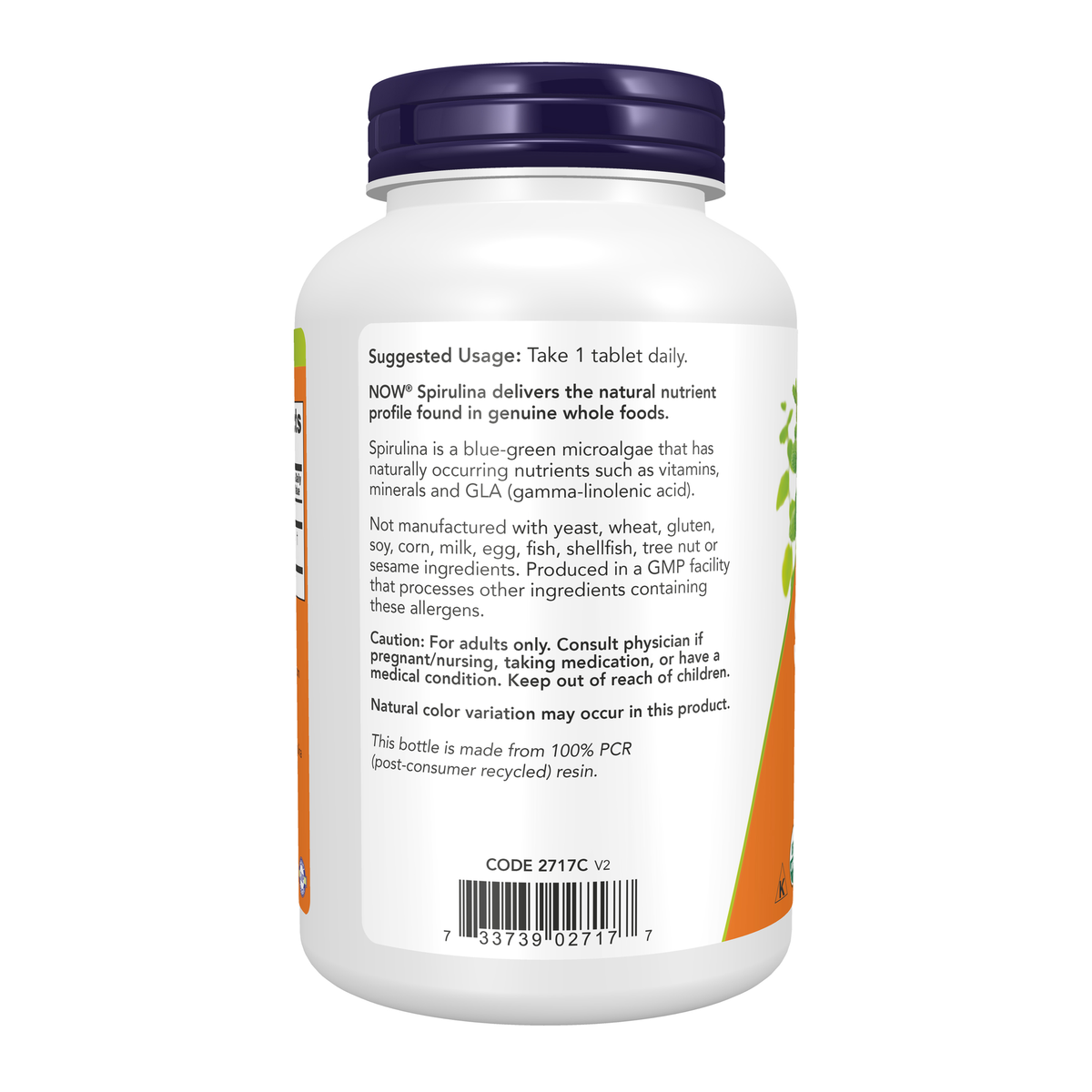 NOW Foods Spirulina Double Strength, 1000 mg Organic - 240 Tablets – Left label / Etykieta producenta