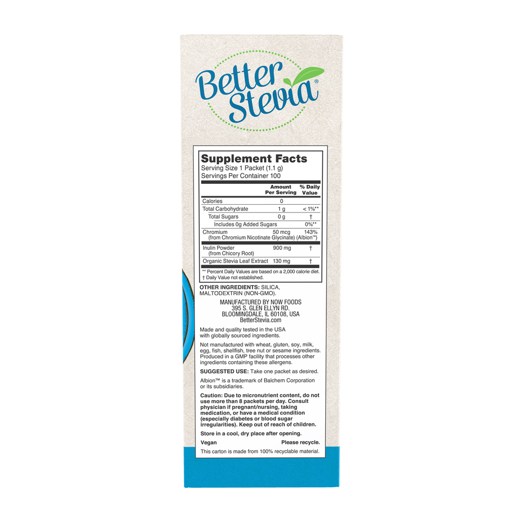 NOW Foods BetterStevia® Balance™ with Chromium & Inulin - 100 Packets – Right label / Etykieta producenta