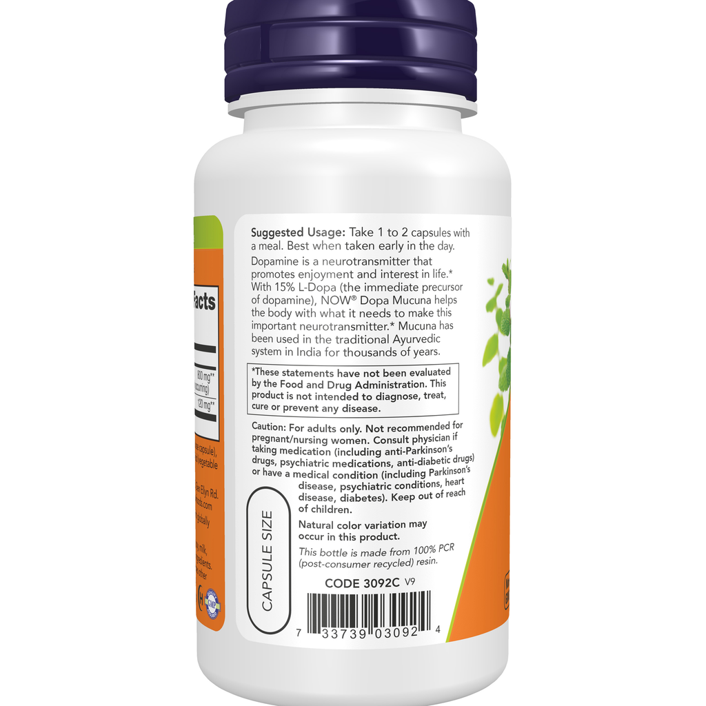NOW Foods Dopa Mucuna - 90 Veg Capsules – Left label / Etykieta producenta