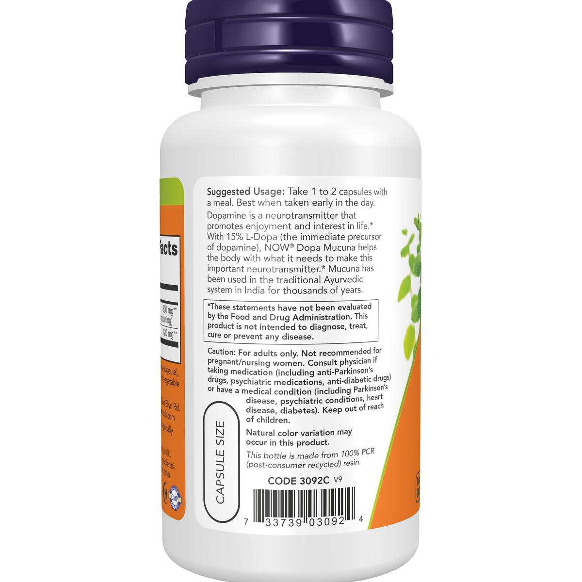 NOW Foods Dopa Mucuna - 90 Veg Capsules – Left label / Etykieta producenta