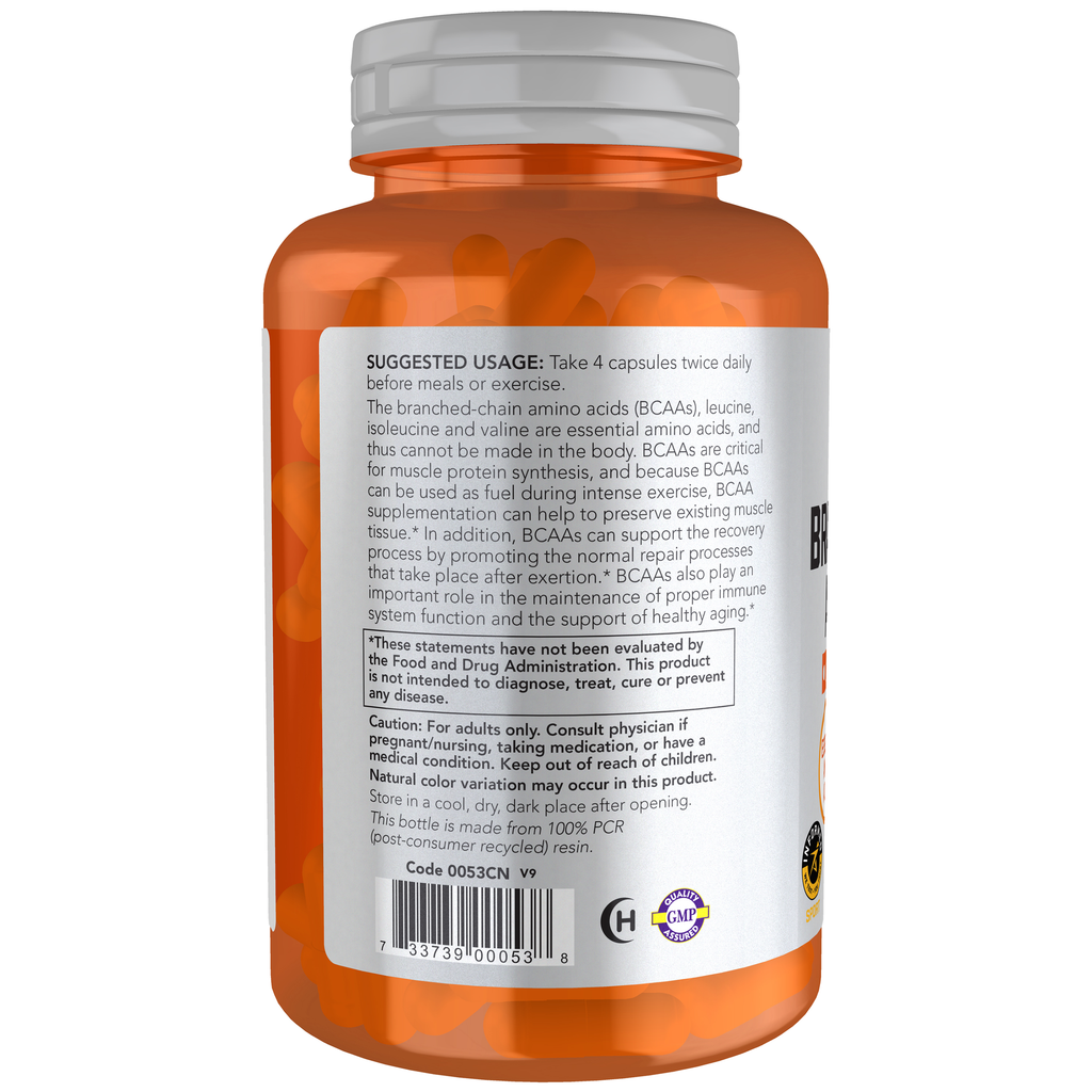 NOW Foods Branched Chain Amino Acids - 120 Veg Capsules – Left label / Etykieta producenta