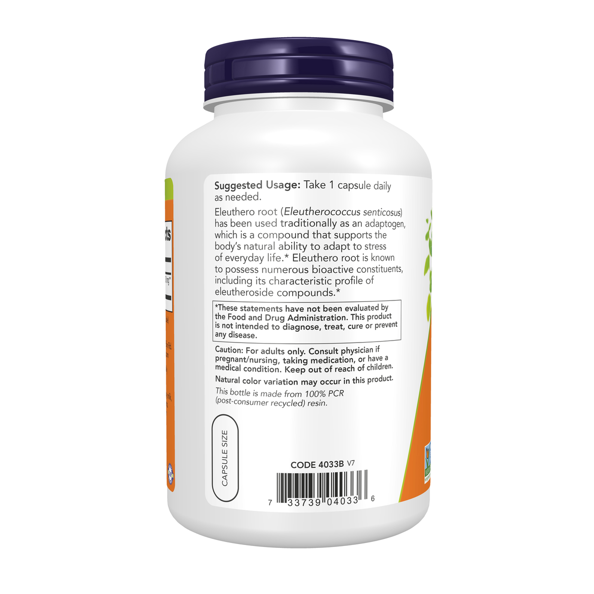 NOW Foods Eleuthero 500 mg - 250 Veg Capsules – Left label / Etykieta producenta
