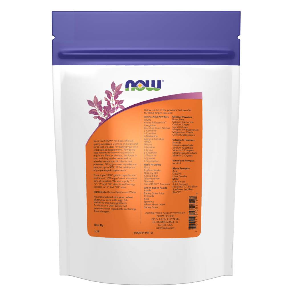 NOW Foods Empty Capsules, Gelatin, Triple 000" - 200 gel caps" – Label details / Etykieta producenta