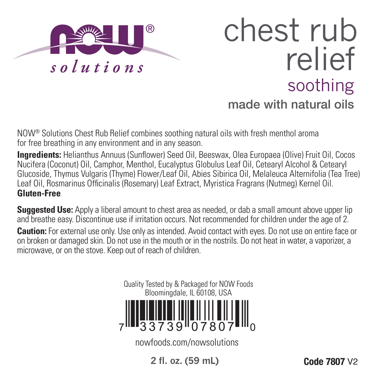 NOW Foods Chest Rub Relief - 2 fl. oz. – Label details / Etykieta producenta