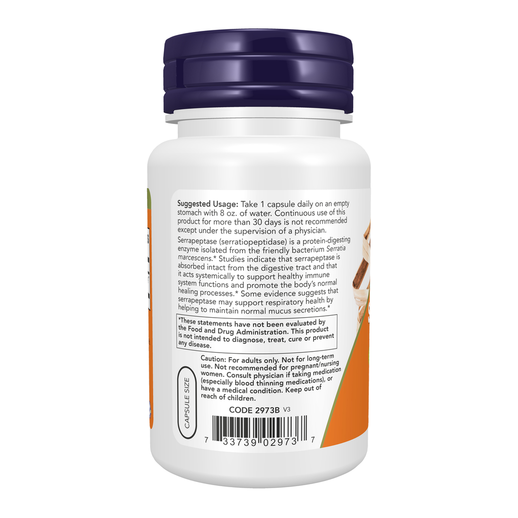 NOW Foods Serrapeptase - 60 Veg Capsules – Left label / Etykieta producenta