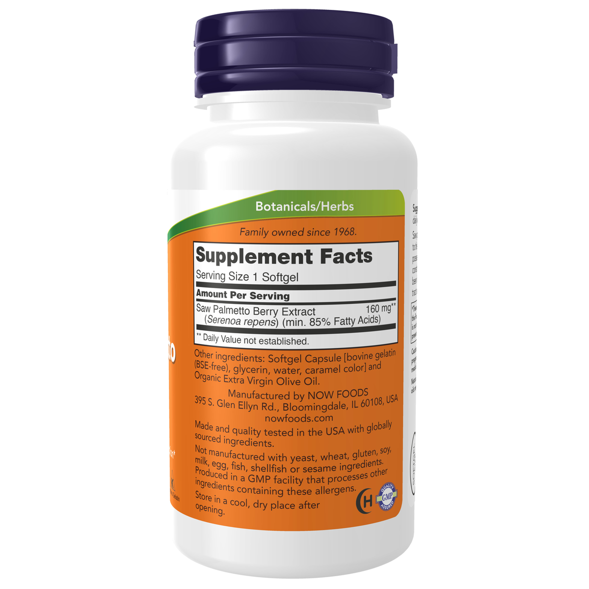 NOW Foods Saw Palmetto Extract 160 mg - 120 Softgels – Label details / Etykieta producenta