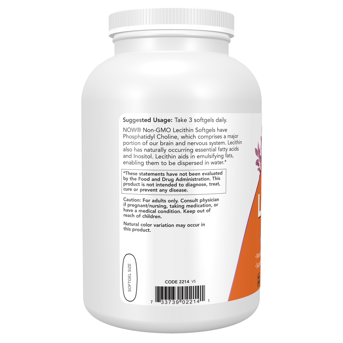 NOW Foods Lecithin 1200 mg - 400 Softgels – Left label / Etykieta producenta