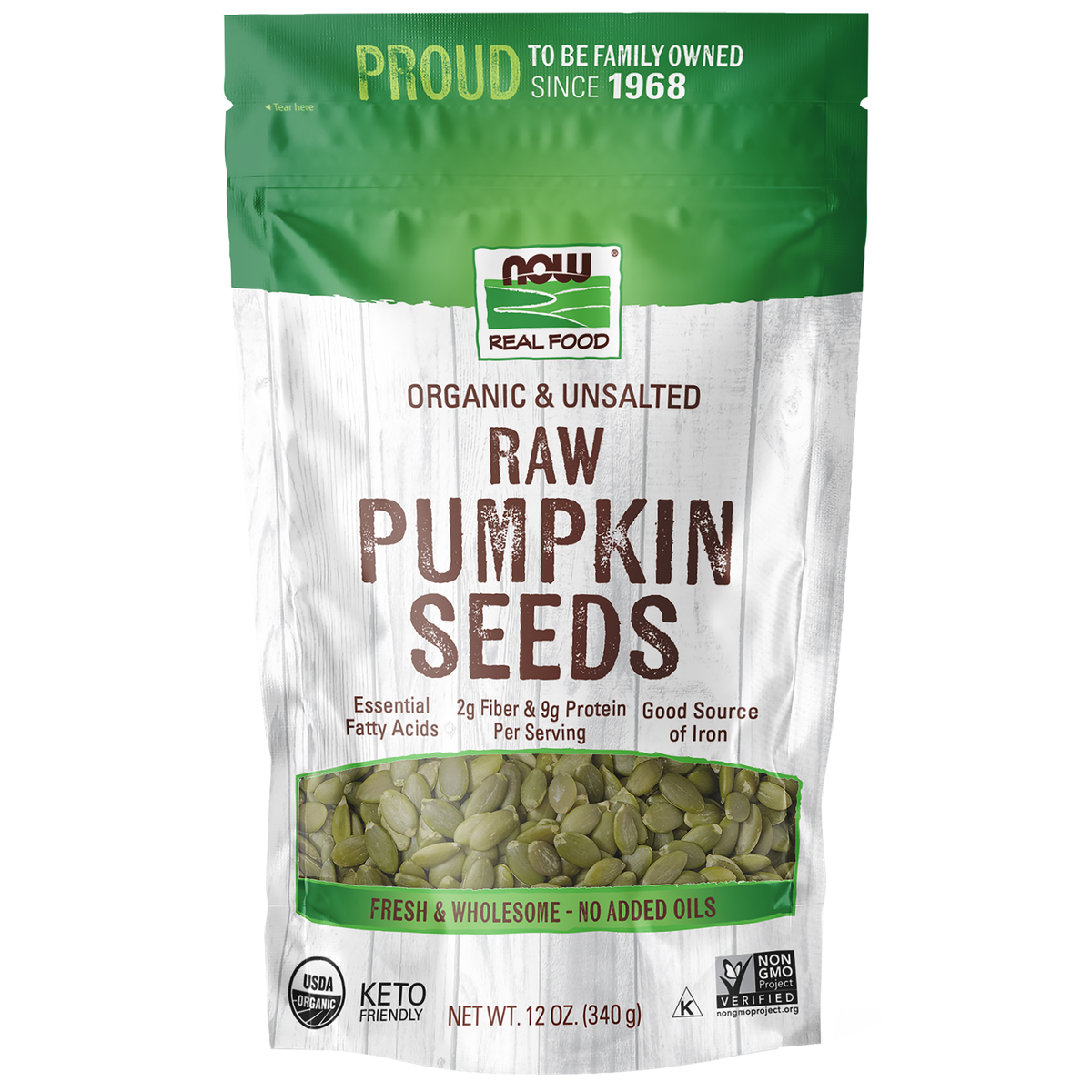 NOW Foods Pumpkin Seeds, Organic, Raw & Unsalted - 12 oz. / pestki dyni, produkt ekologiczny, surowe i niesolone - 12 oz.
