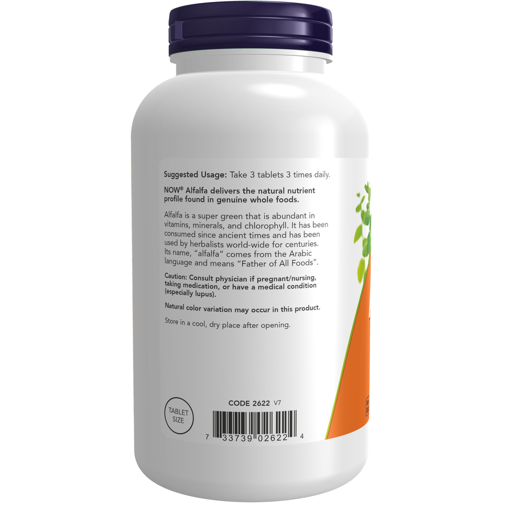 NOW Foods Alfalfa 650 mg - 500 Tablets – Label details / Etykieta producenta