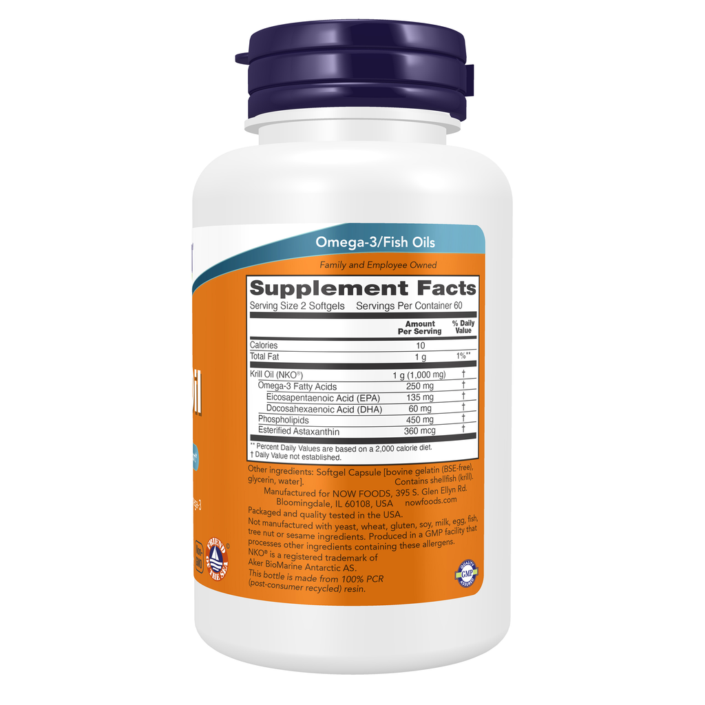 NOW Foods Krill Oil 500 mg - 120 Softgels – Right label / Etykieta producenta