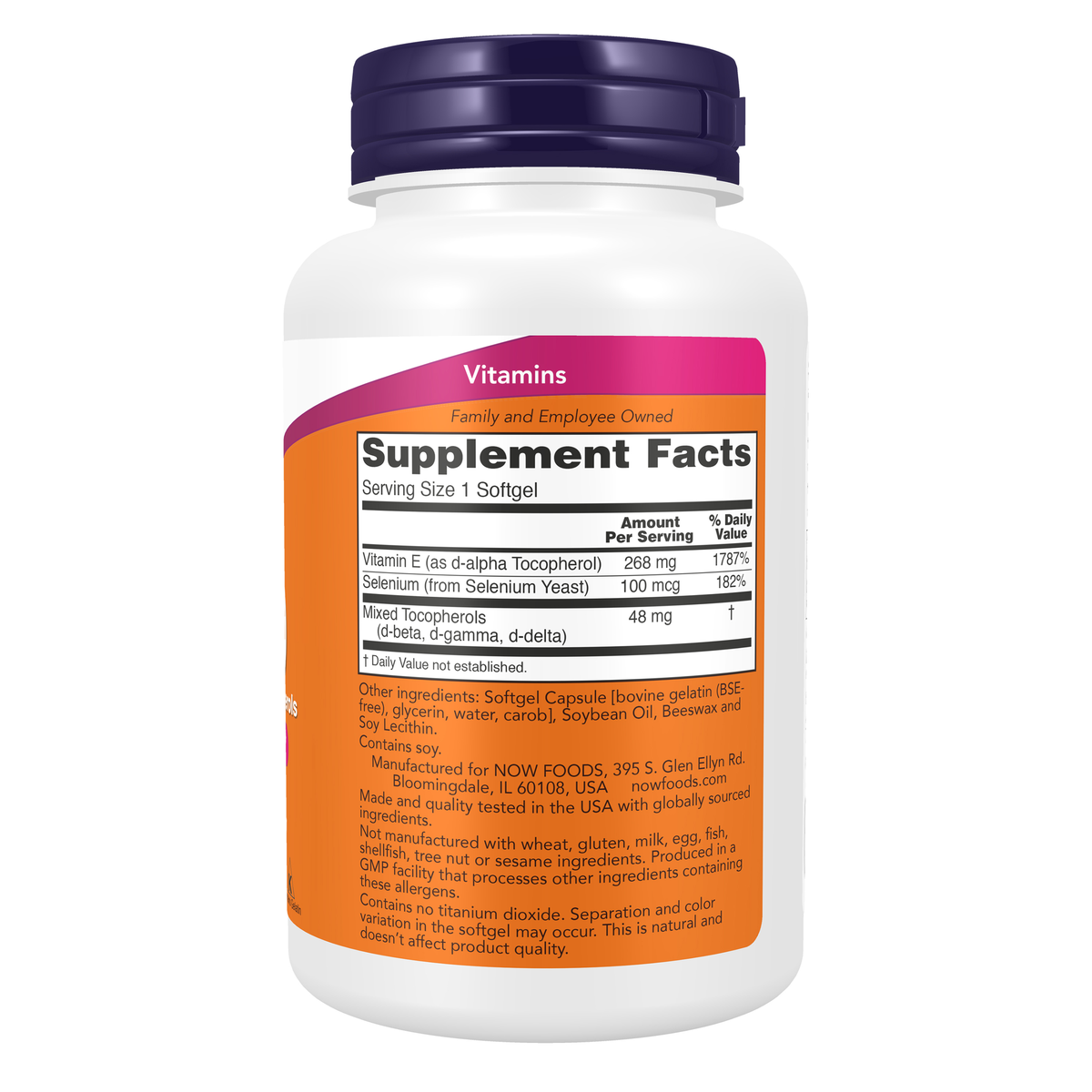 NOW Foods Vitamin E-400 - 100 Softgels – Right label / Etykieta producenta