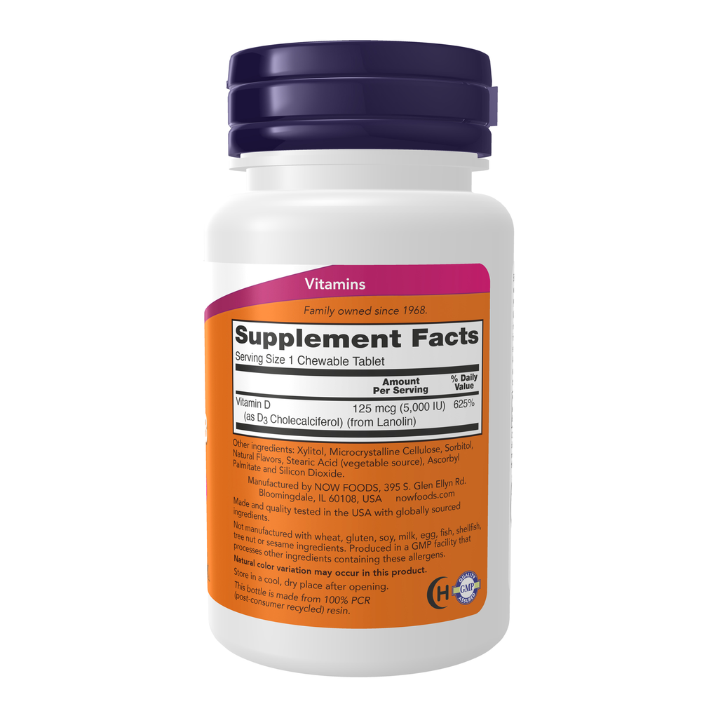 NOW Foods Vitamin D-3 5000 IU - 120 Chewables – Right label / Etykieta producenta