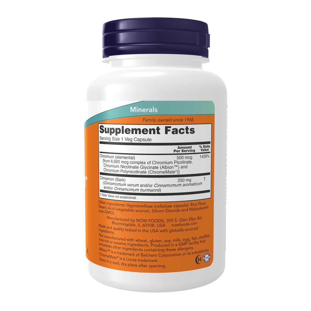 NOW Foods Tri-Chromium™ 500 mcg with Cinnamon - 180 Veg Capsules – Right label / Etykieta producenta