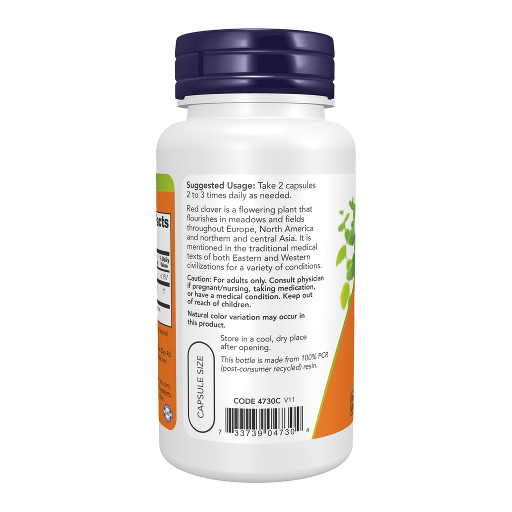 NOW Foods Red Clover 375 mg - 100 Veg Capsules – Left label / Etykieta producenta